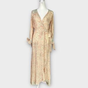 Natalie Martin Danika Wrap Maxi Dress Women's XS Beige Silk Printed Long Sleeve